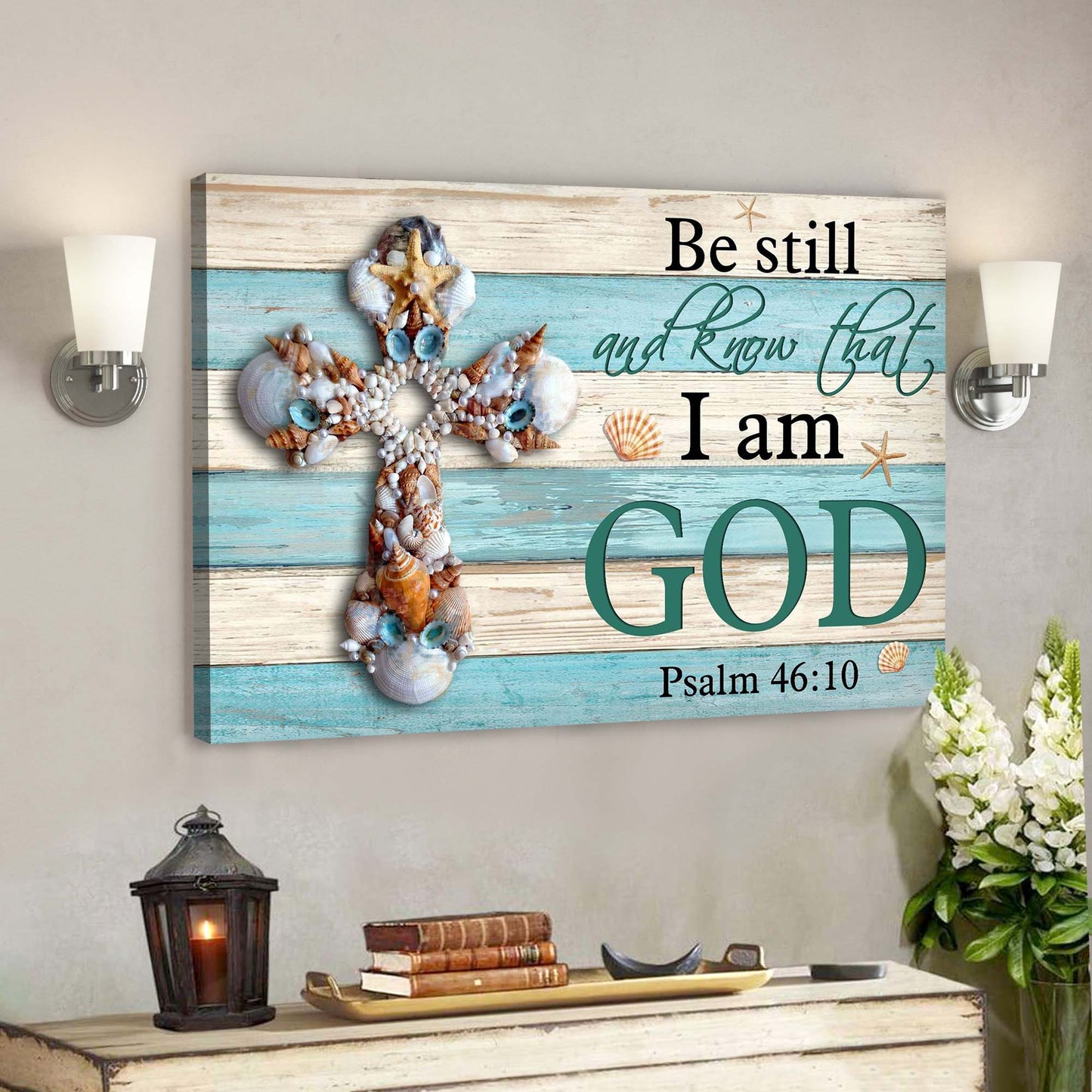 Seashell Cross - Be Still And Know That I Am God Canvas Wall Art - Bible Verse Canvas - God Canvas - Scripture Canvas Wall Art - Ciaocustom