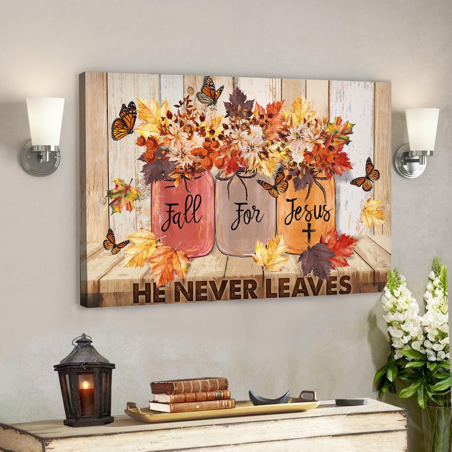 Butterfly Canvas - Fall For Jesus He Never Leaves Canvas Wall Art - Bible Verse Canvas - God Canvas - Scripture Canvas Wall Art - Ciaocustom