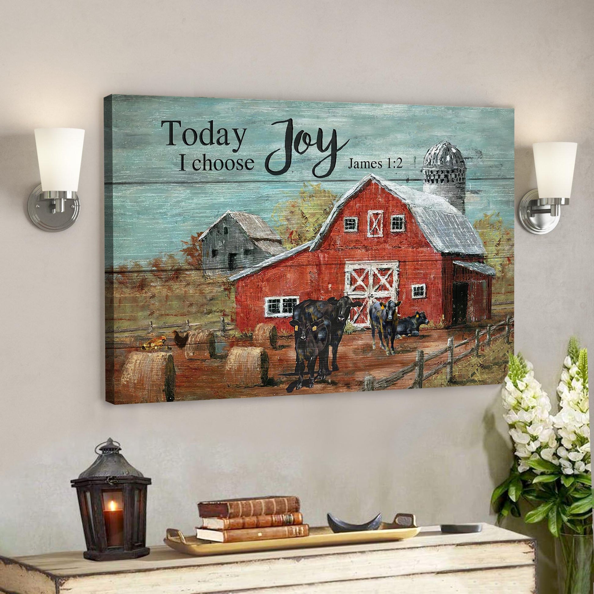 Bible Verse Canvas - God Canvas -  Angus Cows In Tranquil Farm - Today I Choose Joy Canvas Wall Art - Ciaocustom