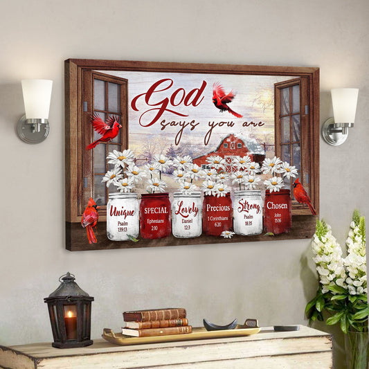 Jesus Landscape Canvas Print - God Wall Art - Window Frame - Cardinal And Daisy - God Says You Are - Ciaocustom