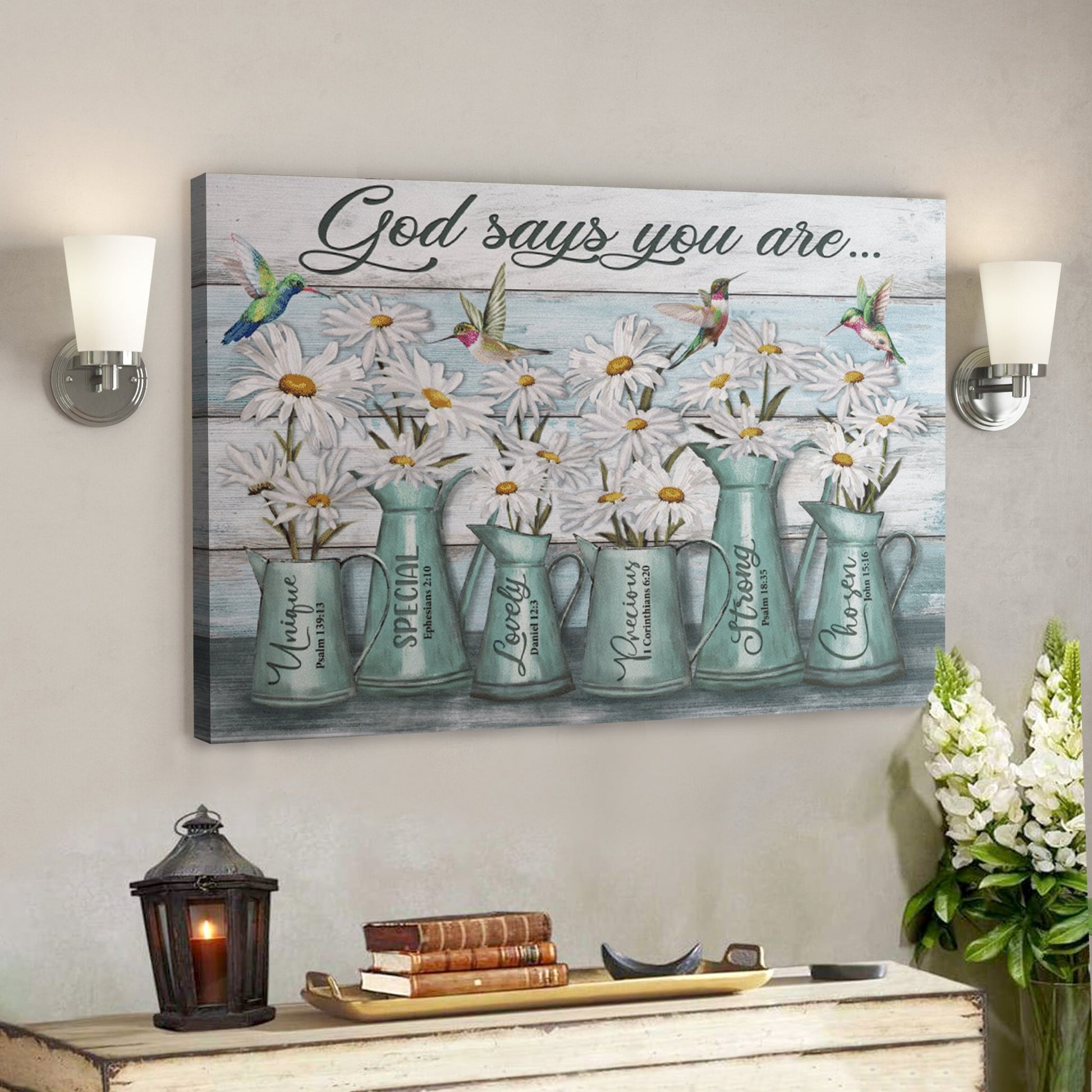 Bible Verse Wall Art Canvas - God Canvas - Daisy And Hummingbird - God Says You Are Peaceful Blue Canvas - Ciaocustom