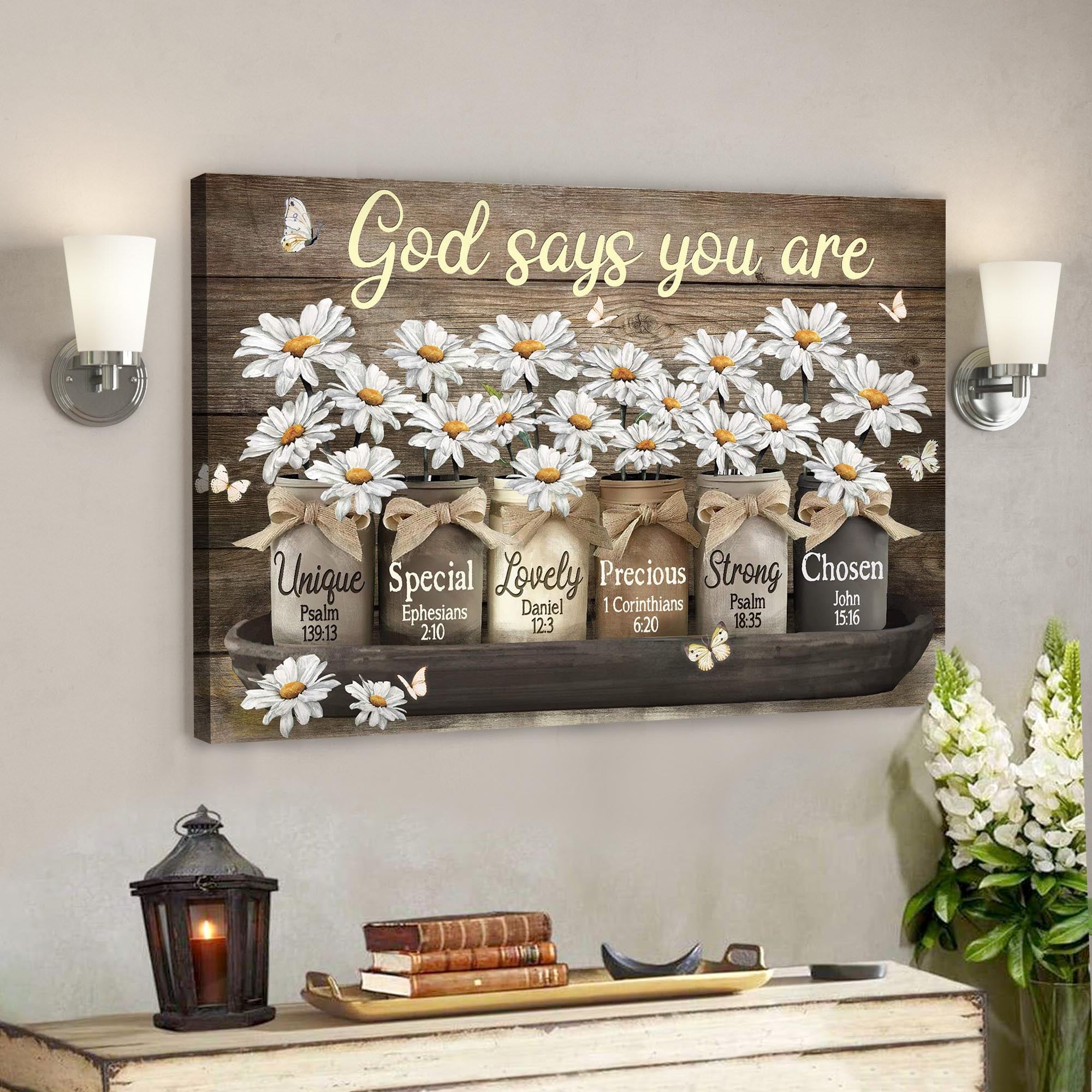 Daisy Jar - God Says You Are Canvas Wall Art - Bible Verse Canvas - God Canvas - Scripture Canvas Wall Art - Ciaocustom