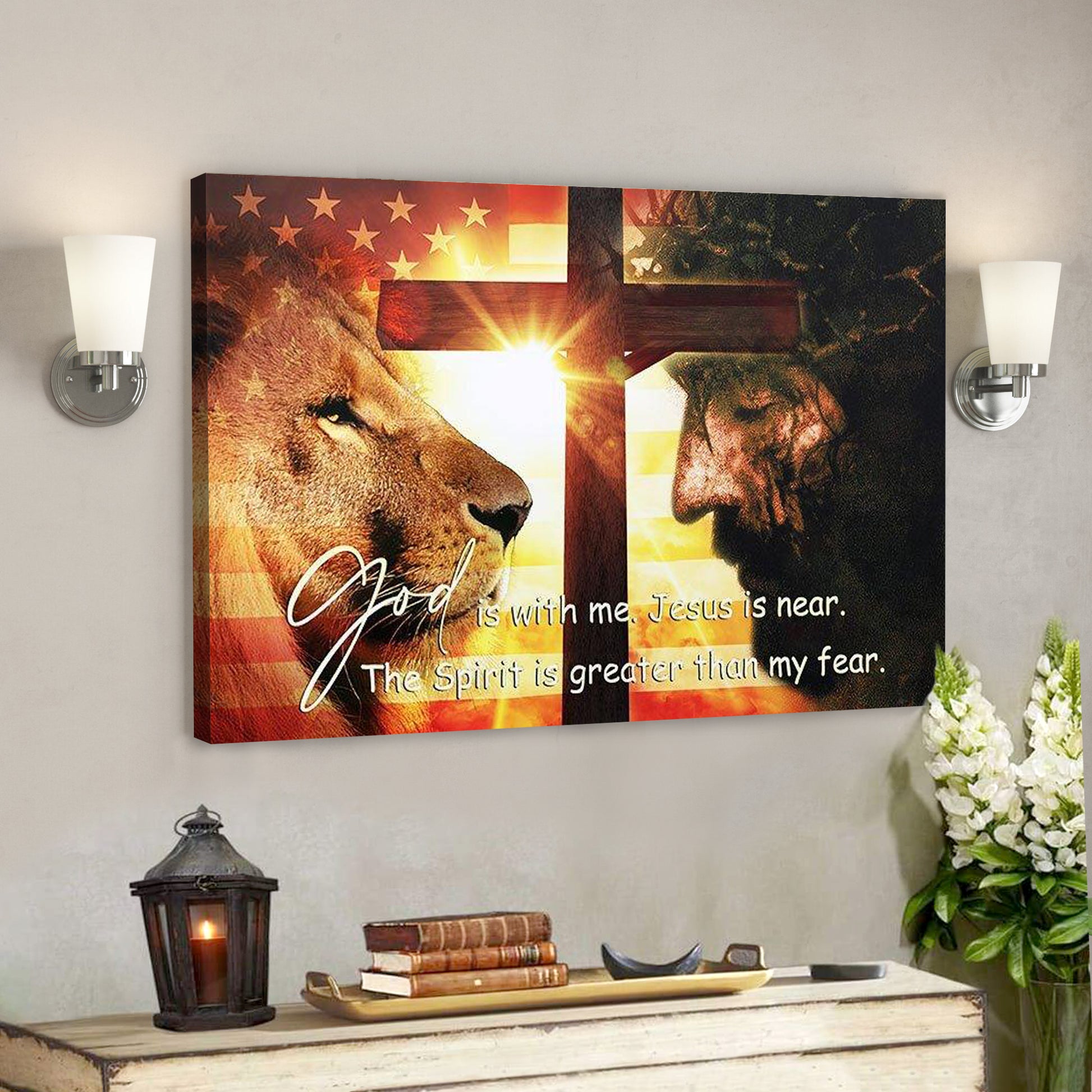 Bible Verse Canvas - God Canvas - Lion God Is With Me Jesus Is Near - Scripture Canvas Wall Art - Ciaocustom