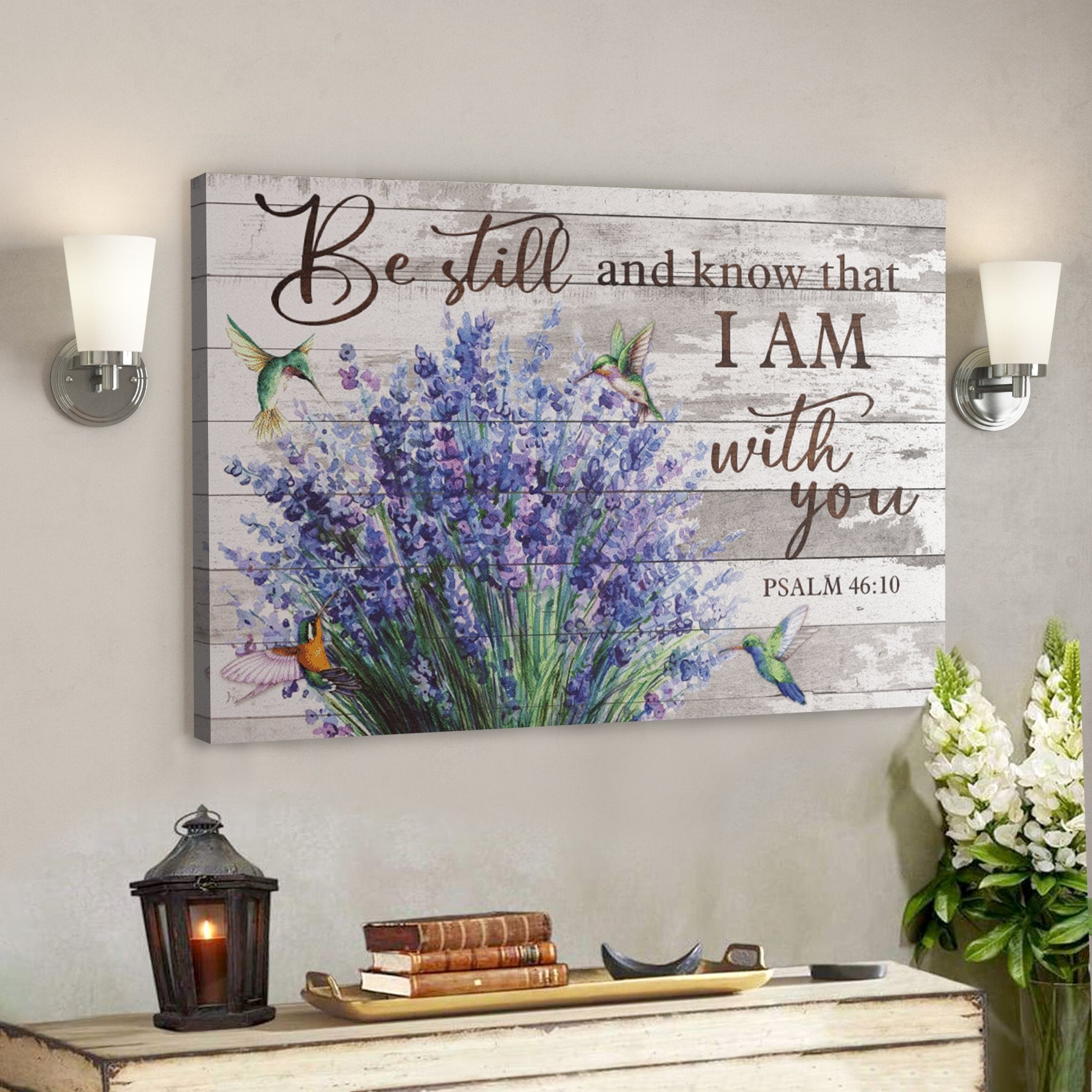 Bible Verse Wall Art Canvas - God Canvas - Bellflowers And Hummingbird - Be Still And Know That I Am With You Canvas - Ciaocustom