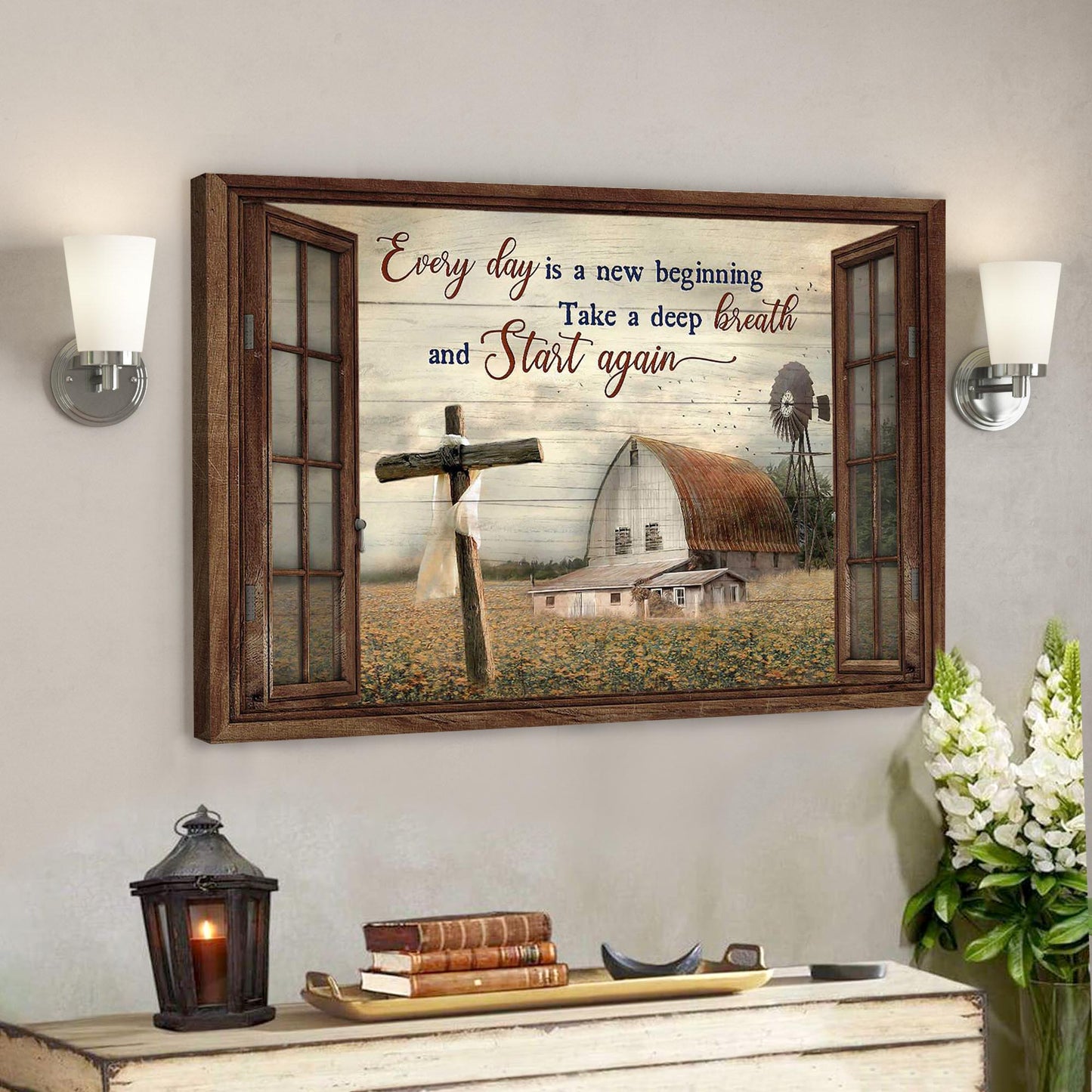 Cross With Tranquil Farm - Everyday Is A New Beginning- Bible Verse Canvas - God Canvas - Scripture Canvas Wall Art - Ciaocustom