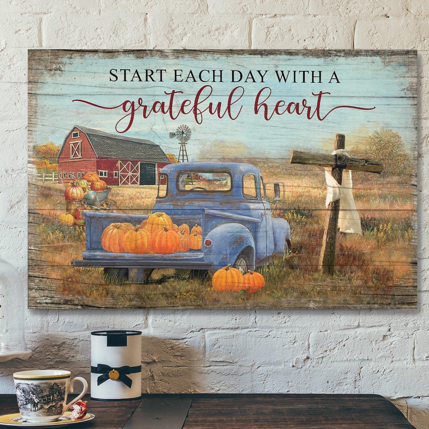 Pumpkin On Truck - Start Each Day With A Grateful Heart Canvas Wall Art - Bible Verse Canvas - Scripture Canvas Wall Art - Ciaocustom