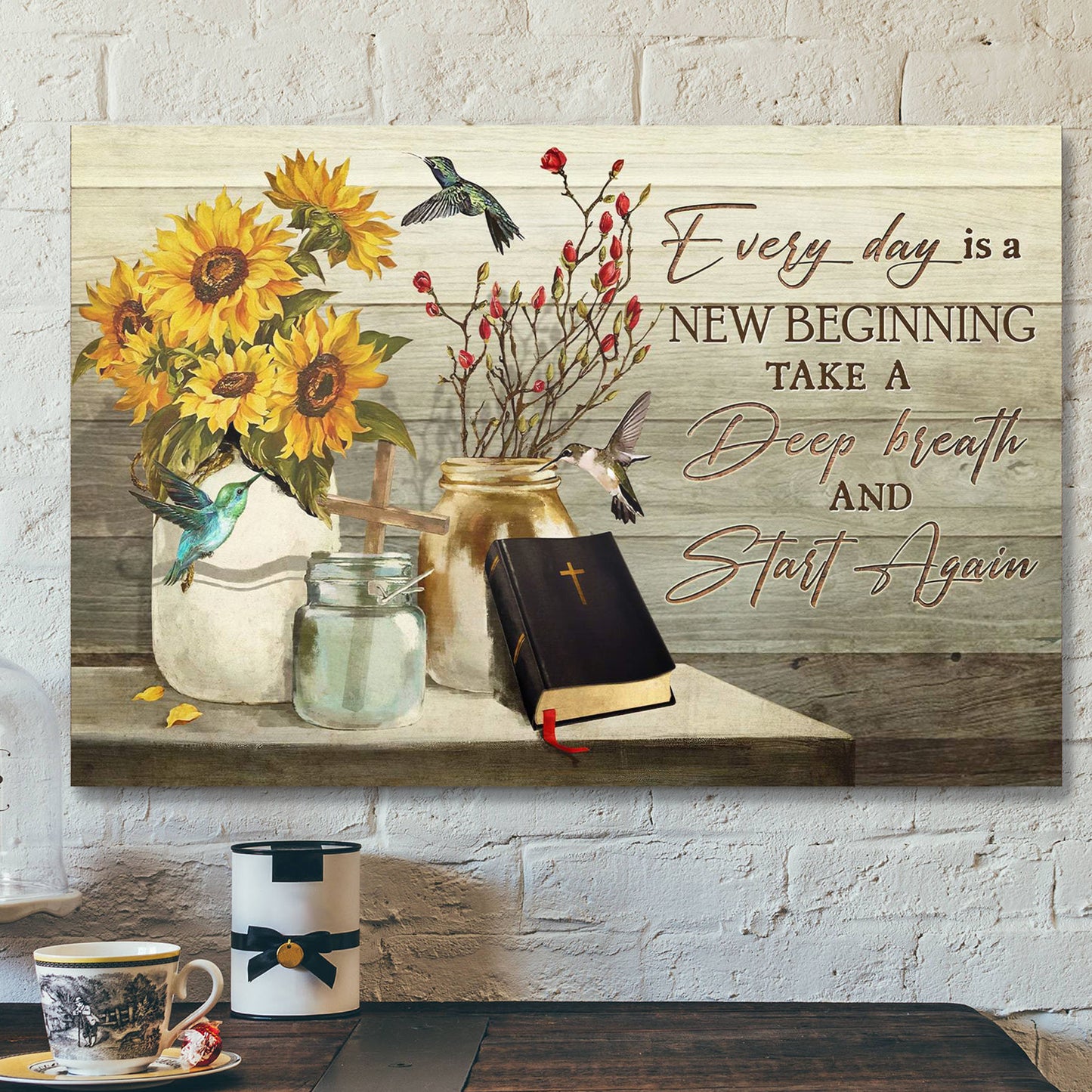 Hummingbird And Flower Jars - Every Day Is A New Beginning - Bible Verse Canvas - Scripture Canvas Wall Art - Ciaocustom