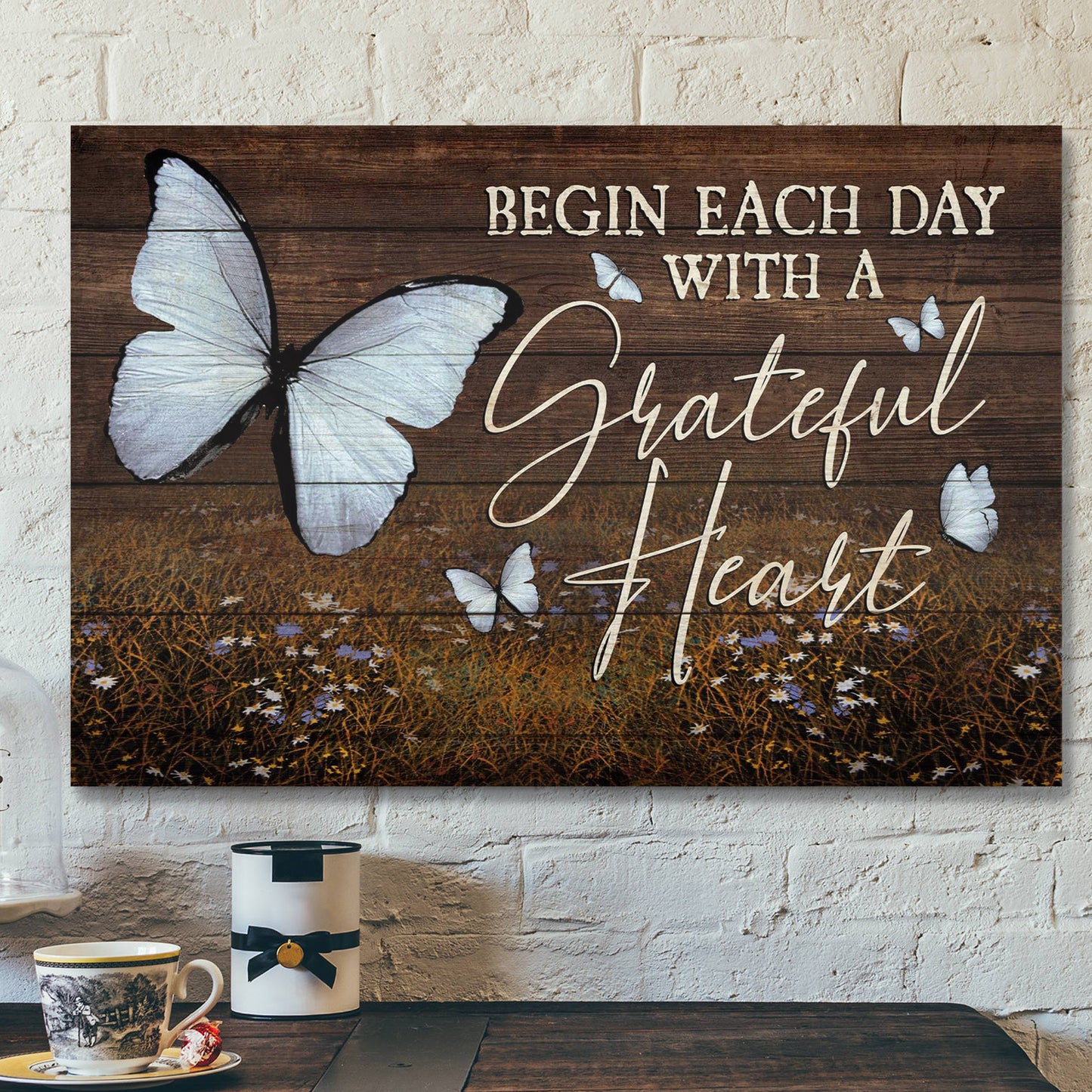 Butterfly - Begin Each Day With Grateful Heart - Bible Verse Canvas - Scripture Canvas Wall Art - Ciaocustom