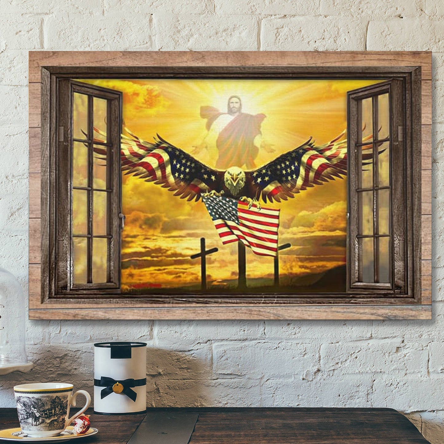 Jesus Open Arms Bald Eagle American Flag - Christian Canvas Wall Art - Christian Wall Decor - Faith Canvas Wall Art - Scripture Wall Art - Ciaocustom