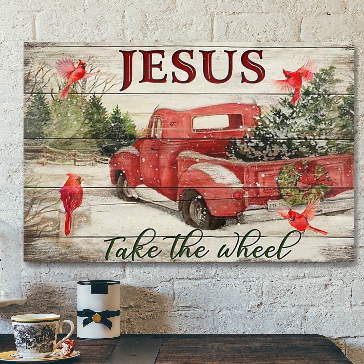 God Canvas Prints - Jesus Canvas Art - Jesus Take The Wheel Red Truck Cardinal - Ciaocustom