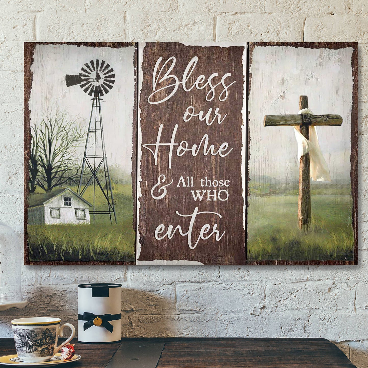 The Cross With Farm Windmill - Bless Our Home And All Those Who Enter - Bible Verse Canvas - Scripture Canvas Wall Art - Ciaocustom