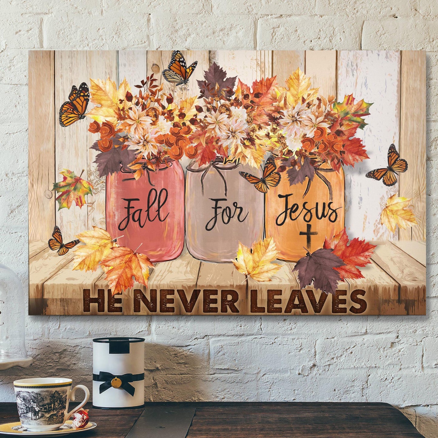 Butterfly Canvas - Fall For Jesus He Never Leaves Canvas Wall Art - Bible Verse Canvas - Scripture Canvas Wall Art - Ciaocustom