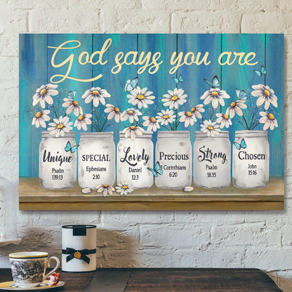 Bible Verse Canvas - Daisy Jar On Blue Background - God Says You Are Canvas Wall Art - Ciaocustom