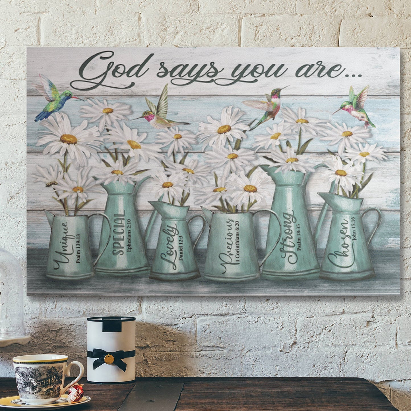 Bible Verse Wall Art Canvas - Daisy And Hummingbird - God Says You Are Peaceful Blue Canvas - Ciaocustom