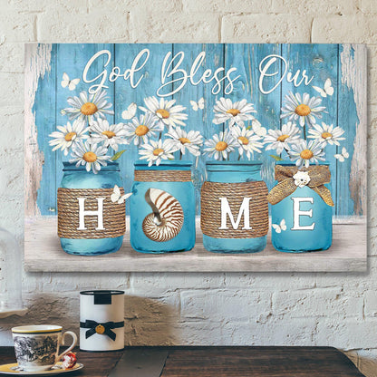 Daisy Jar On Blue Background - God Bless Our Home Canvas Wall Art - Bible Verse Canvas - Scripture Canvas Wall Art - Ciaocustom