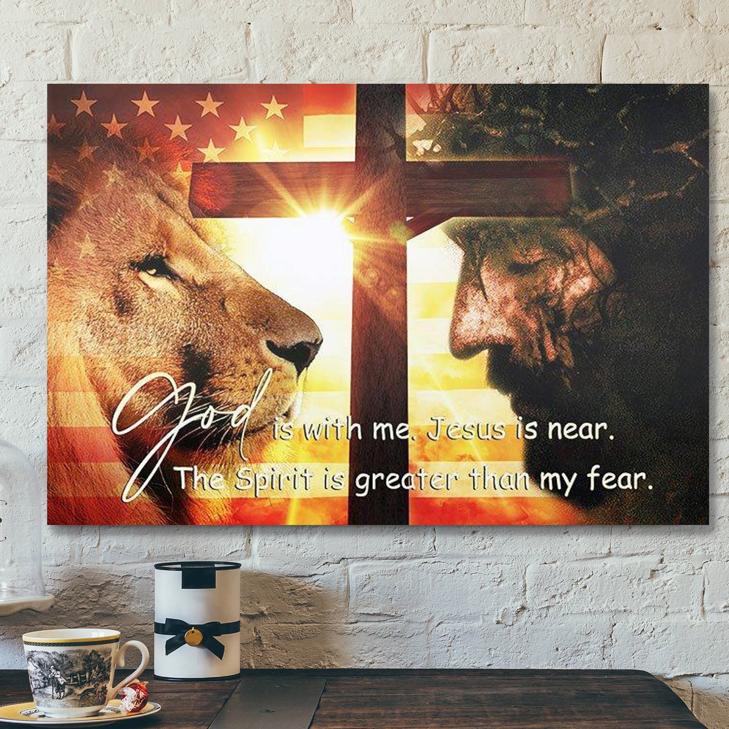 Bible Verse Canvas - Lion God Is With Me Jesus Is Near - Scripture Canvas Wall Art - Ciaocustom