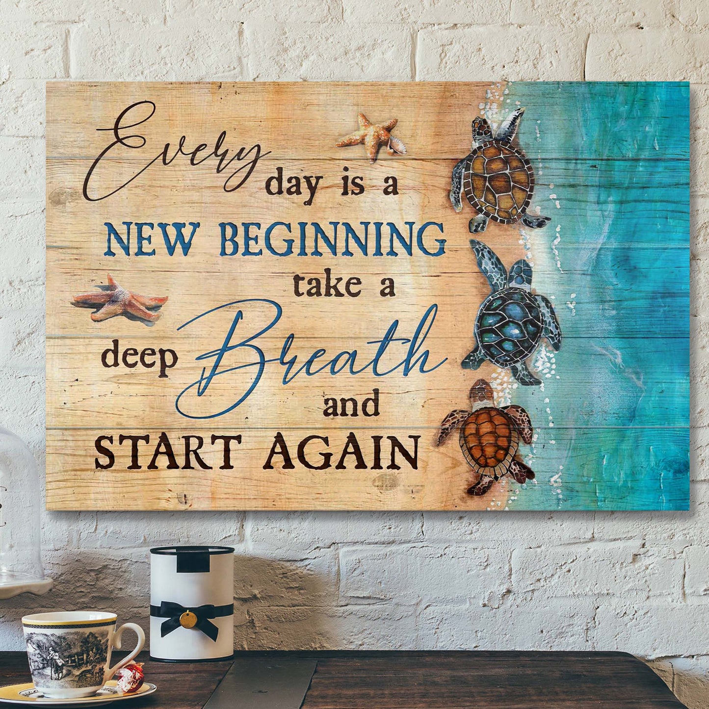 Turtles Along The Beach - Every Day Is A New Beginning Canvas Wall Art - Bible Verse Canvas - Scripture Canvas Wall Art - Ciaocustom