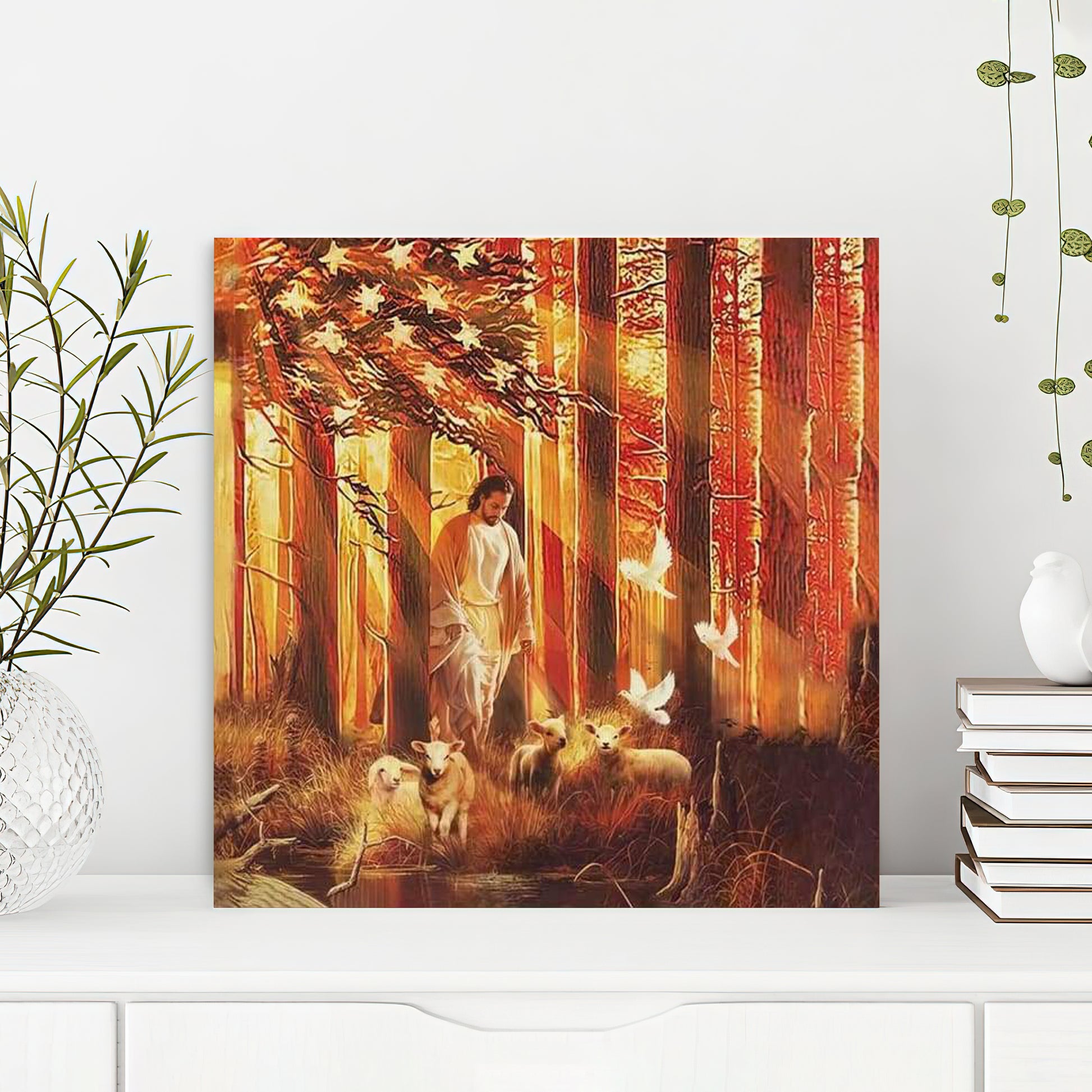 Jesus Walking In Forest With The Lambs Canvas Wall Art - Bible Verse Canvas - God Canvas - Scripture Canvas Wall Art - Ciaocustom