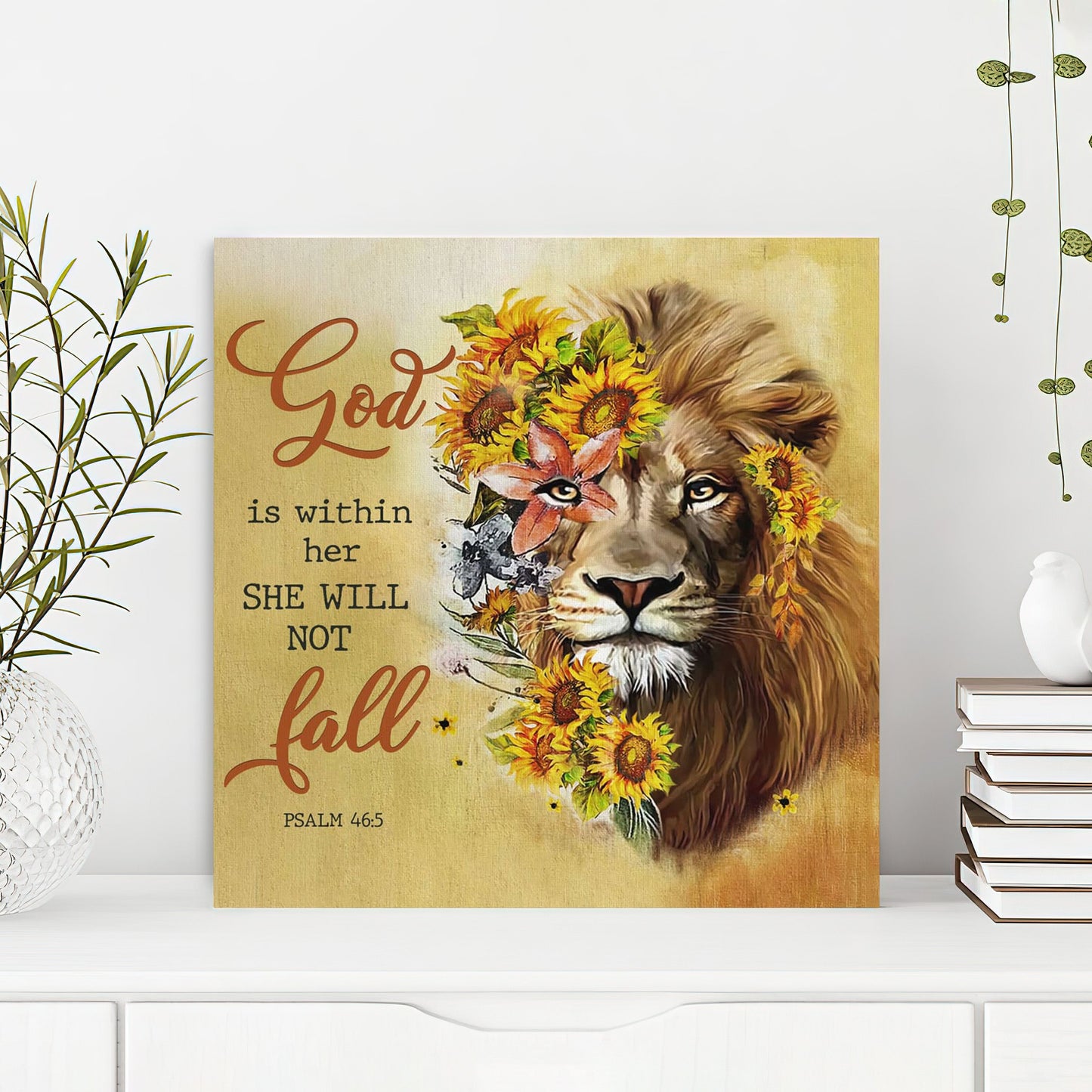 Bible Verse Canvas - God Canvas - God Is Within Her She Will Not Fall Sunflower Lion Canvas Print - Scripture Canvas Wall Art - Ciaocustom