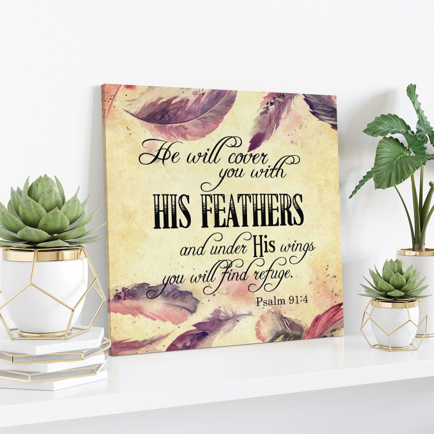 Bible Verse Canvas - Psalm 914 Niv He Will Cover You With His Feathers Canvas Print - Scripture Canvas Wall Art - Ciaocustom