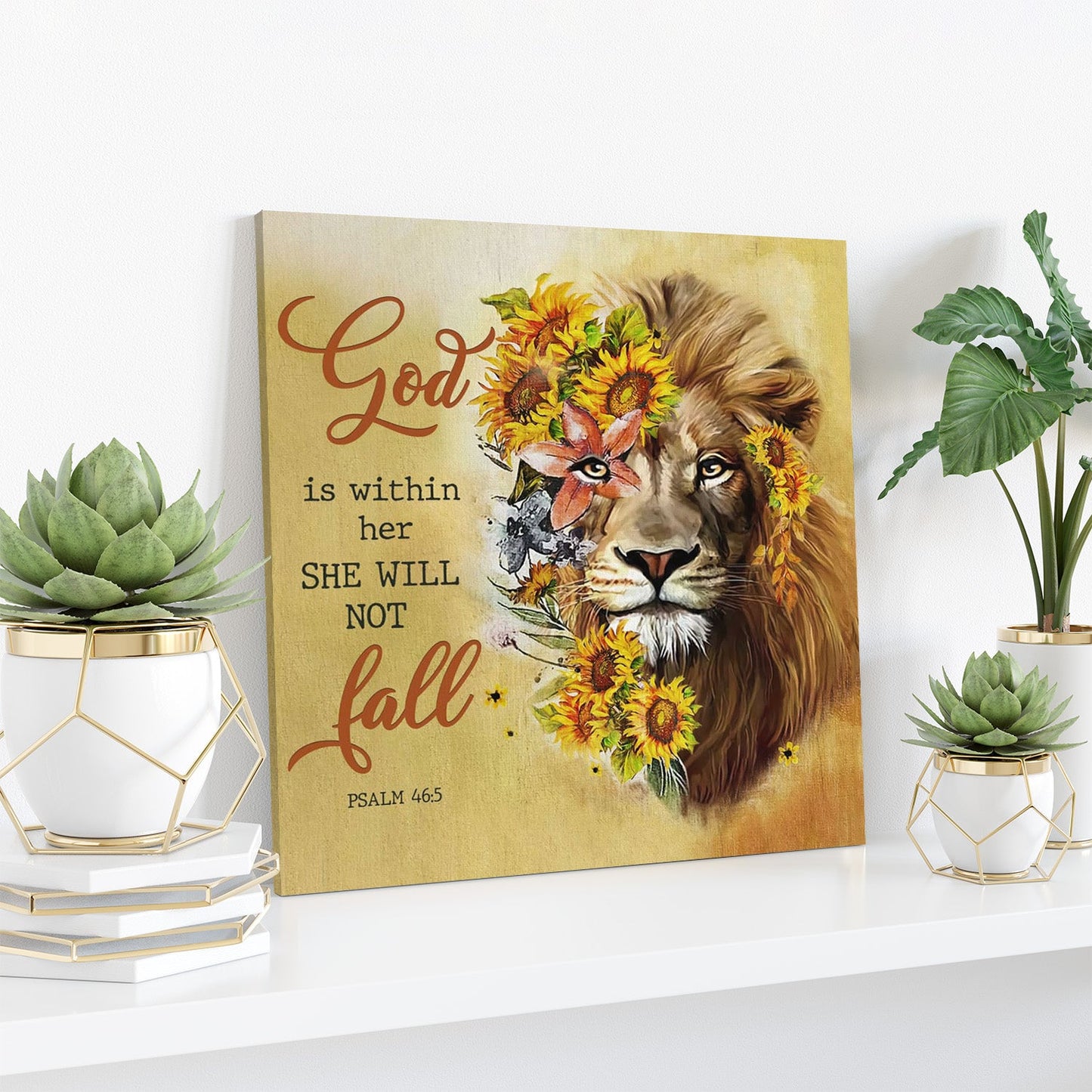 Bible Verse Canvas - God Is Within Her She Will Not Fall Sunflower Lion Canvas Print - Scripture Canvas Wall Art - Ciaocustom