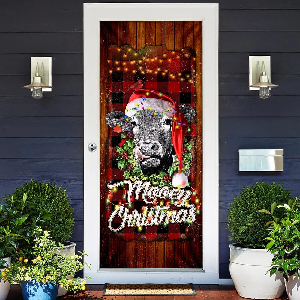 Mooey Christmas Angus Cow Door Cover - Christmas Door Cover Decorations - Christmas Outdoor Decoration