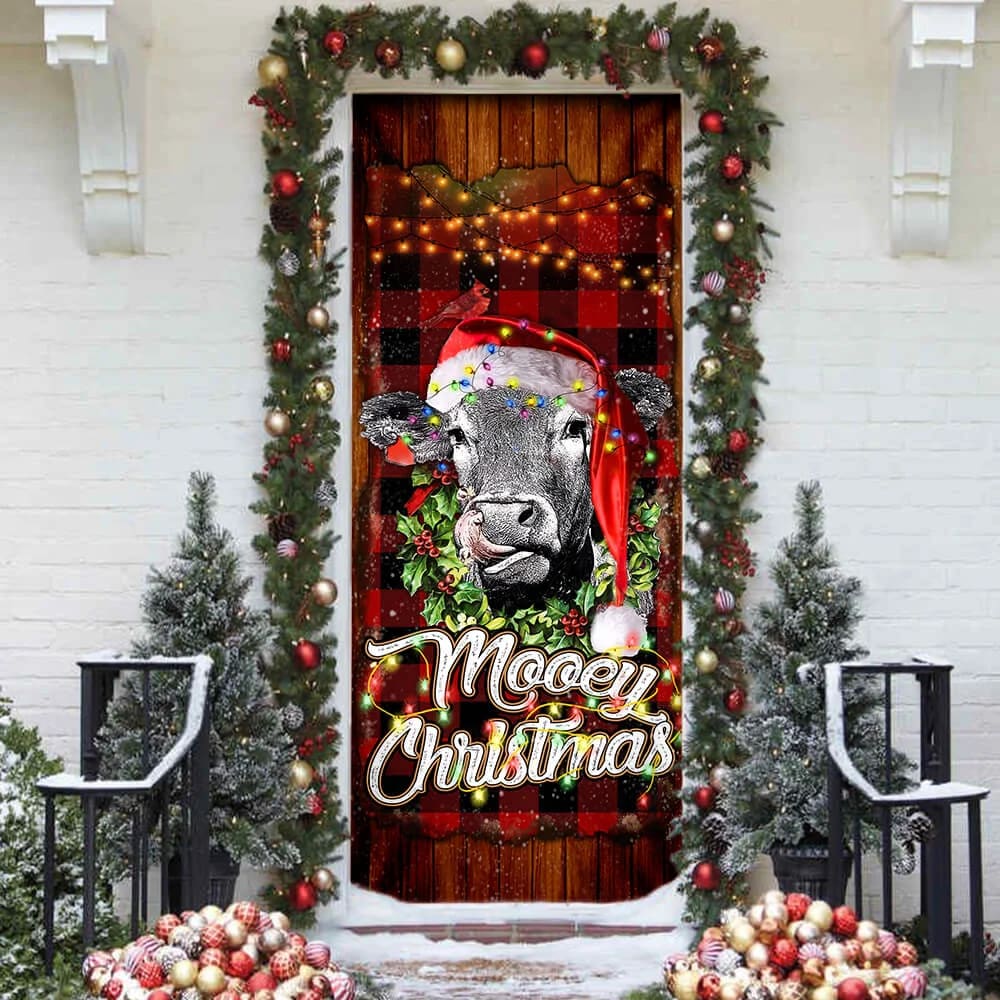 Mooey Christmas Angus Cow Door Cover - Christmas Door Cover Decorations - Christmas Outdoor Decoration