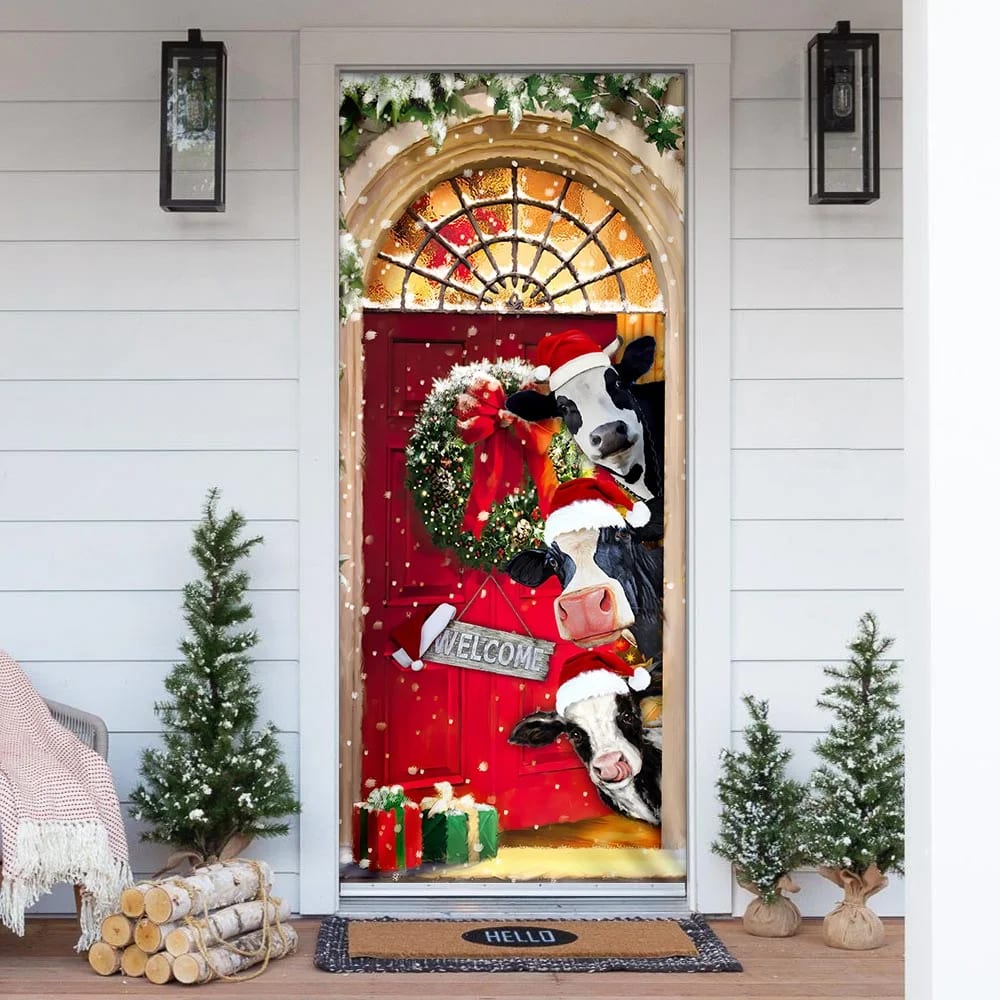 Mooey Christmas Cow Cattle Door Cover - Christmas Door Cover Decorations - Christmas Outdoor Decoration