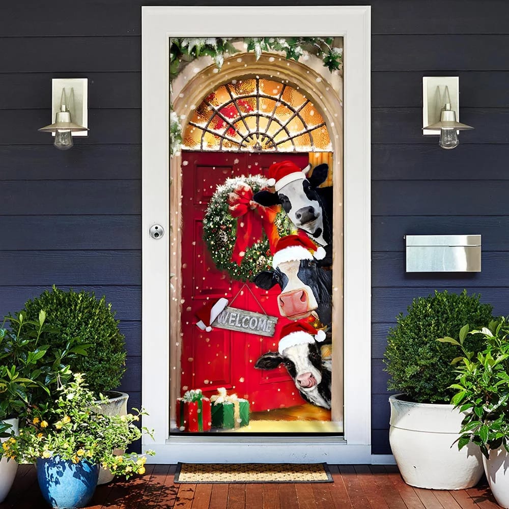 Mooey Christmas Cow Cattle Door Cover - Christmas Door Cover Decorations - Christmas Outdoor Decoration