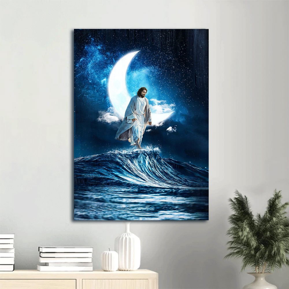 Moon Night Sky Jesus Walks On Water Canvas Wall Art - Christian Gift