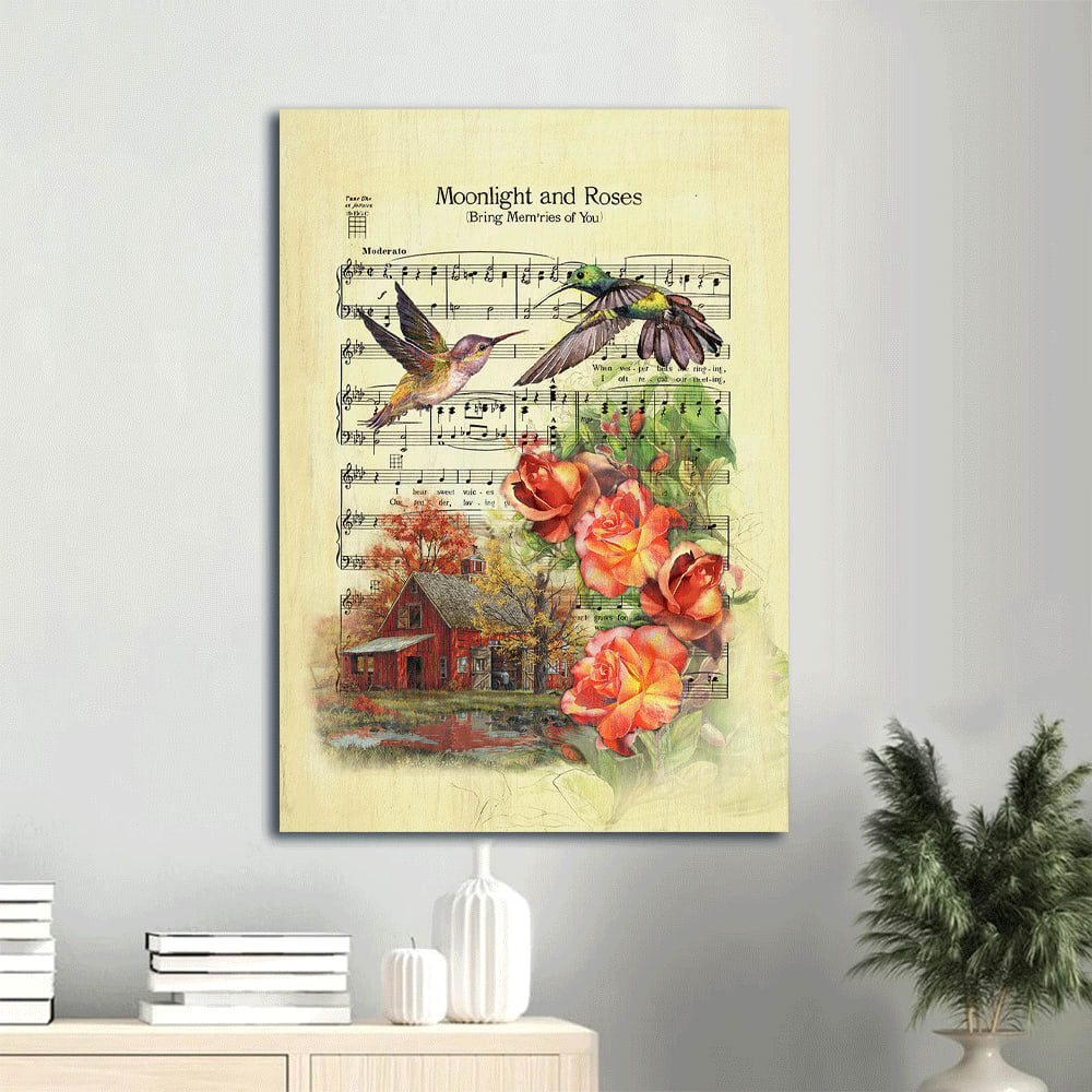 Moonlight And Roses Antique Music Sheet Canvas Wall Art - Big Hummingbird Orange Rose Portrait Canvas