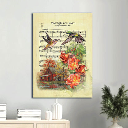 Moonlight And Roses Antique Music Sheet Canvas Wall Art - Big Hummingbird Orange Rose Portrait Canvas