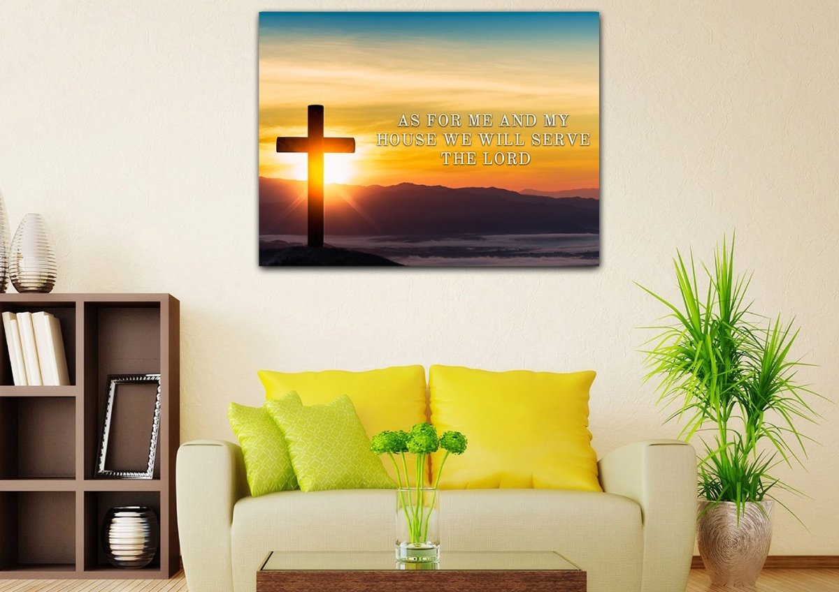 Mountain Cross As For Me And My House We Will Serve The Lord Wall Art - Christian Canvas Wall Art