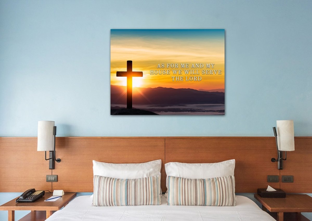 Mountain Cross As For Me And My House We Will Serve The Lord Wall Art - Christian Canvas Wall Art