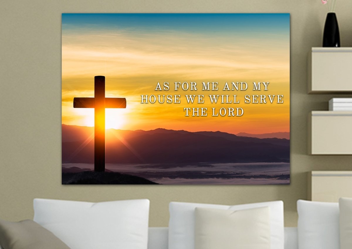 Mountain Cross As For Me And My House We Will Serve The Lord Wall Art - Christian Canvas Wall Art