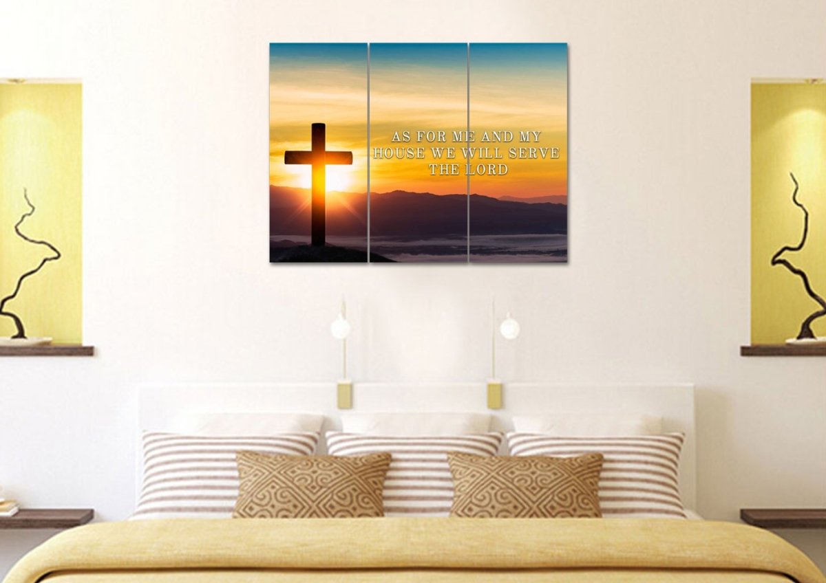 Mountain Cross As For Me And My House We Will Serve The Lord Wall Art - Christian Canvas Wall Art