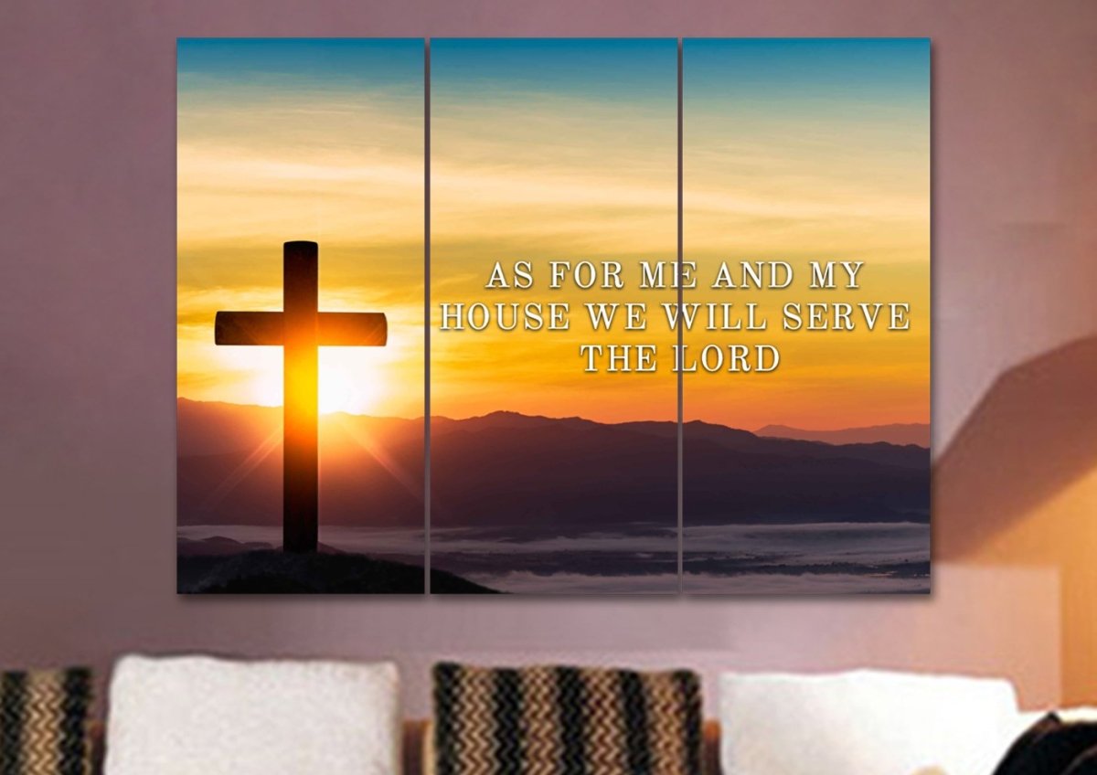 Mountain Cross As For Me And My House We Will Serve The Lord Wall Art - Christian Canvas Wall Art