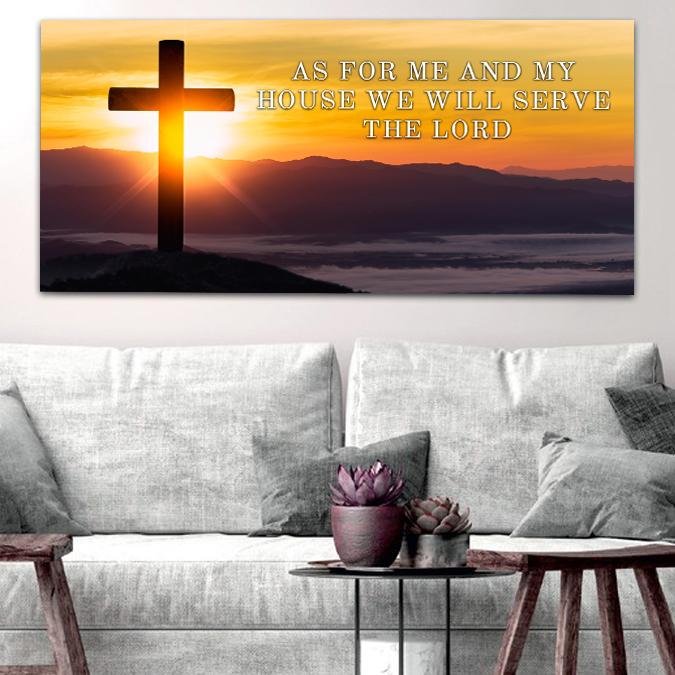 Mountain Cross As For Me And My House We Will Serve The Lord Wall Art - Christian Canvas Wall Art