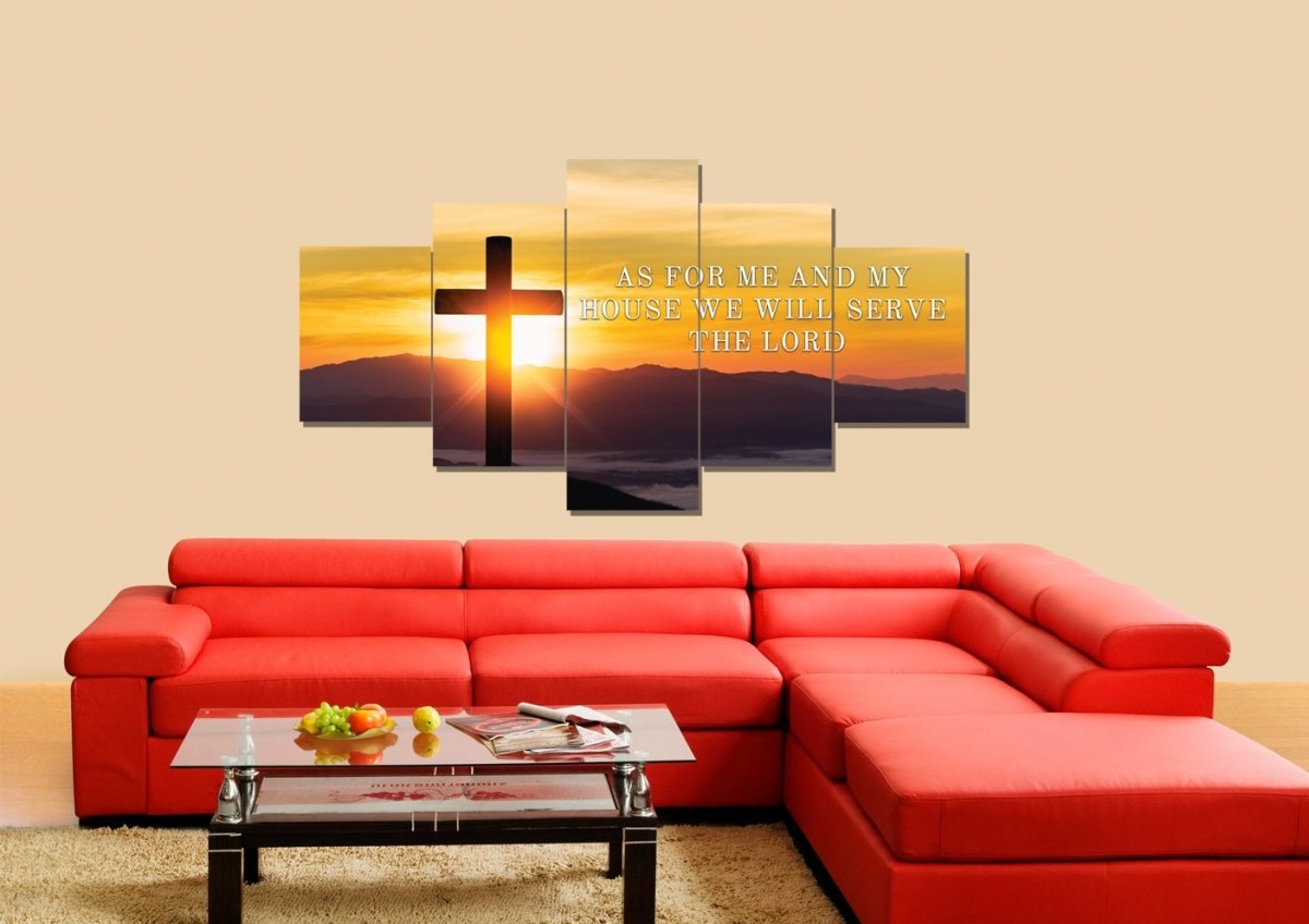 Mountain Cross As For Me And My House We Will Serve The Lord Wall Art - Christian Canvas Wall Art