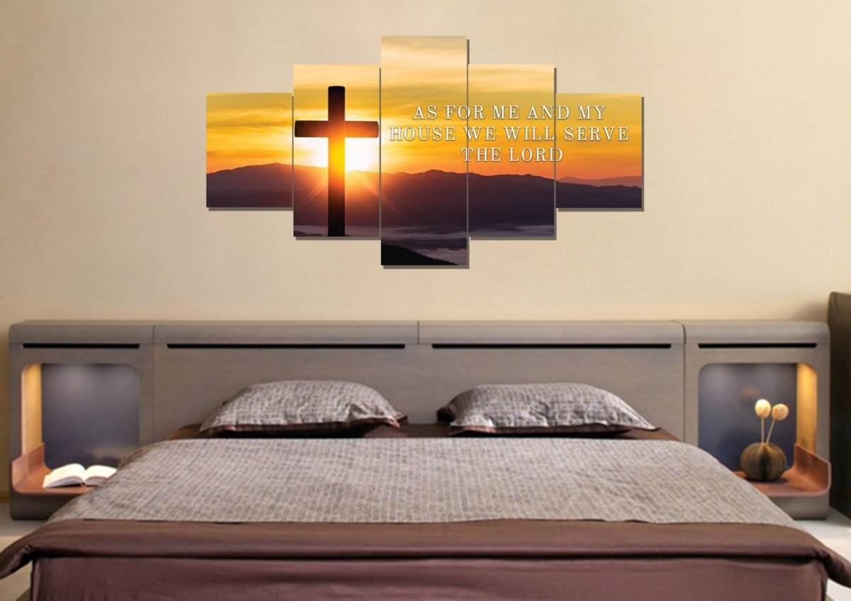 Mountain Cross As For Me And My House We Will Serve The Lord Wall Art - Christian Canvas Wall Art