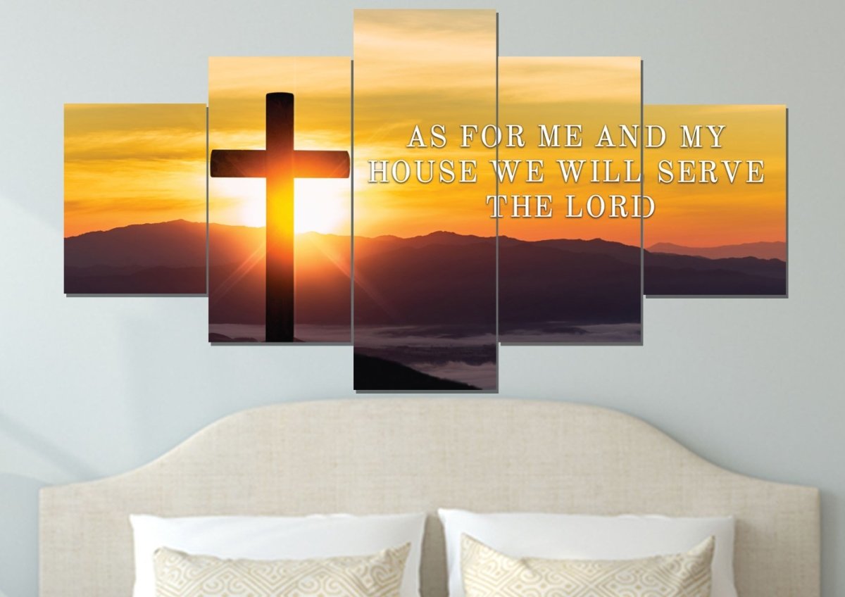 Mountain Cross As For Me And My House We Will Serve The Lord Wall Art - Christian Canvas Wall Art