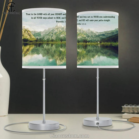 Mountain Lake - Proverbs 35-6 Trust In The Lord With All Your Heart - Christian Table Lamp For Bedroom - Christian Room Decor