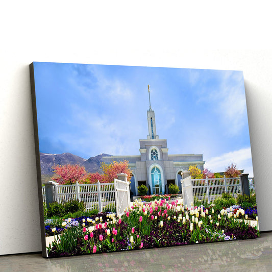 Mt Timpanogos Temple Spring Tulips Canvas Wall Art - Jesus Christ Picture - Canvas Christian Wall Art