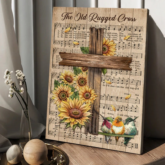 Music Sheet Colorful Hummingbird Sunflower The Old Rugged Cross Canvas Wall Art - Christian Wall Posters - Religious Wall Decor