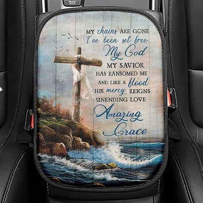My Chains Are Gone God Cross Sea Seat Box Cover, Inspirational Car Center Console Cover, Christian Car Interior Accessories
