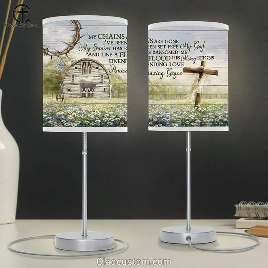 My Chains Are Gone I've Been Set Free Daisy Wooden Cross Tranquil Farm Table Lamp For Bedroom - Bible Verse Table Lamp - Religious Room Decor