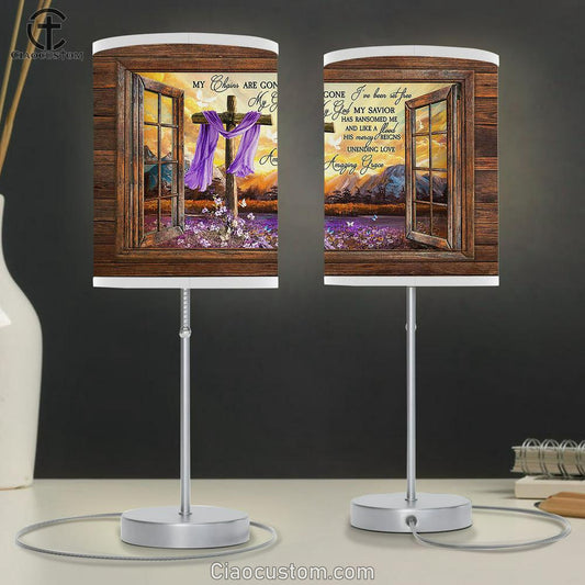 My Chains Are Gone Purple Flower Field Wooden Cross Butterfly Table Lamp Art - Christian Lamp Art Decor - Bible Verse Table Lamp