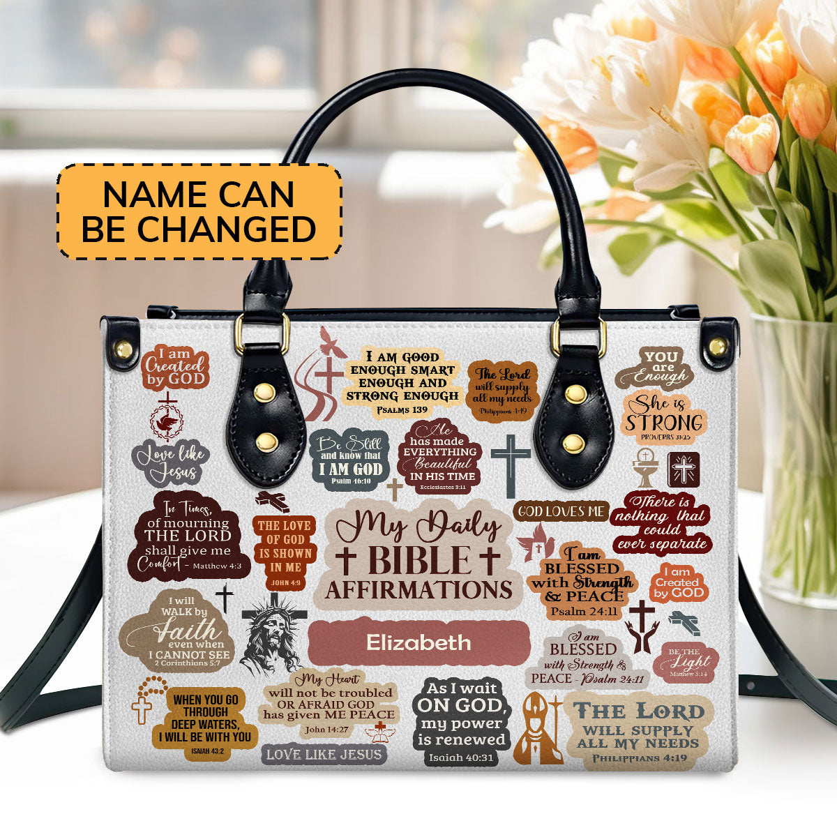 My Daily Bible Affirmation  Personalized Leather Handbag With Zipper - Inspirational Gift Christian Ladies