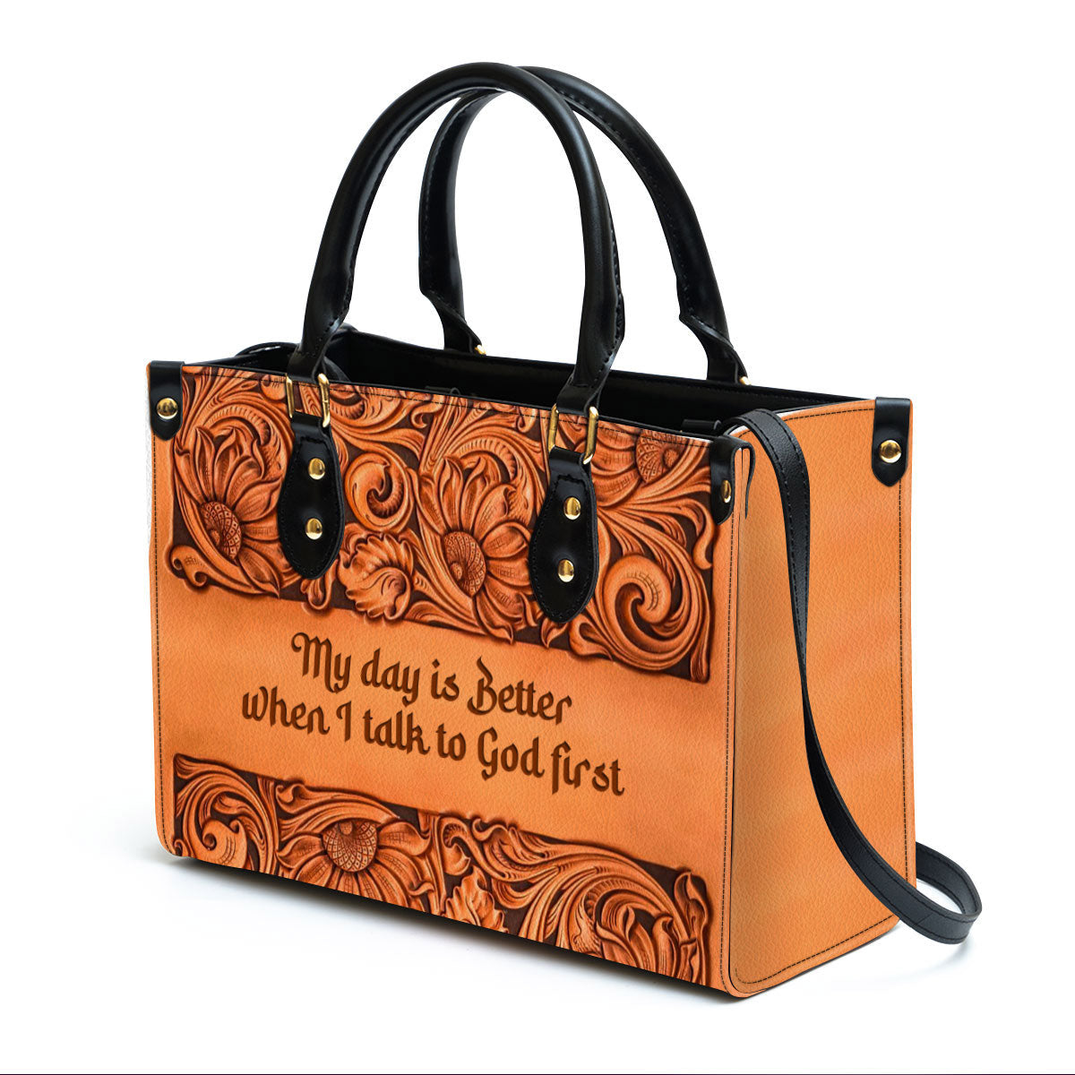 My Day Is Better When I Talk To God First Zippered Orange Leather Handbag With Handle Religious Gifts For Christian Women