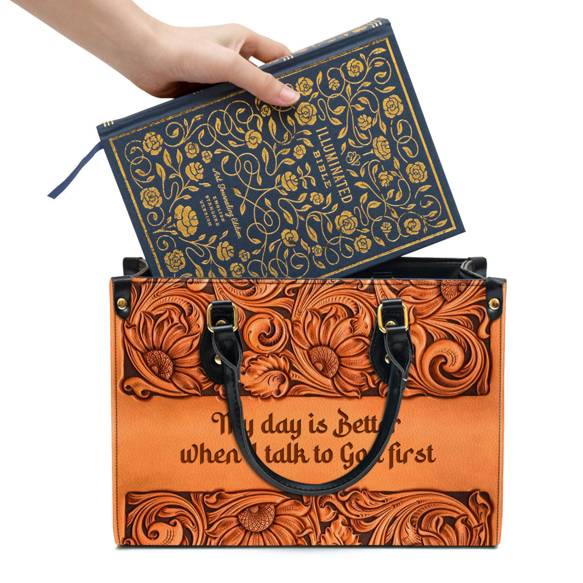 My Day Is Better When I Talk To God First Zippered Orange Leather Handbag With Handle Religious Gifts For Christian Women